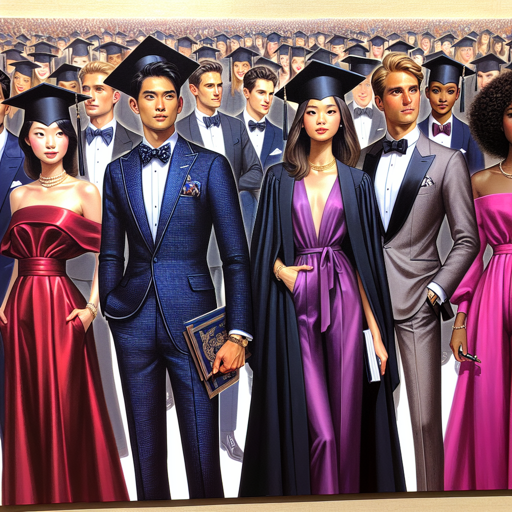 Imagine all the glamour and glitz of a graduation ceremony, where the audience is decked out in stylish, head-turning outfits. Picture, a group of people outfitted as distinguished guests, each embodying a unique flair. The first one is a sophisticated Asian woman wearing an elegant red silk dress paired with gold accessories. Next to her, a tall, Caucasian man is dressed in a navy blue tailored suit, with a matching pocket square peeking out. Next is a bubbly Black woman, who has chosen a vibrant purple jumpsuit that makes her stand out in the crowd. Lastly, a Middle-Eastern man in a sleek grey tuxedo with a black bow-tie sums up the elegance of the occasion.