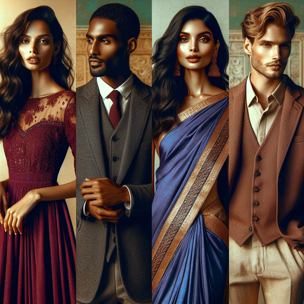 Create a vibrant image showcasing a variety of stunning wedding guest outfits suitable for a perfect September ceremony. Let the image include four individuals: a Hispanic woman dressed in a chic burgundy midi dress, a Black man wearing a charcoal grey three-piece suit, a South Asian woman donned in a royal blue saree with gold accents, and a Caucasian man dressed in a casual yet elegant beige linen suit. Capture the subtle warmth of early autumn in the color palette, with soft golden hues mixing with the deeper tones of the attire.