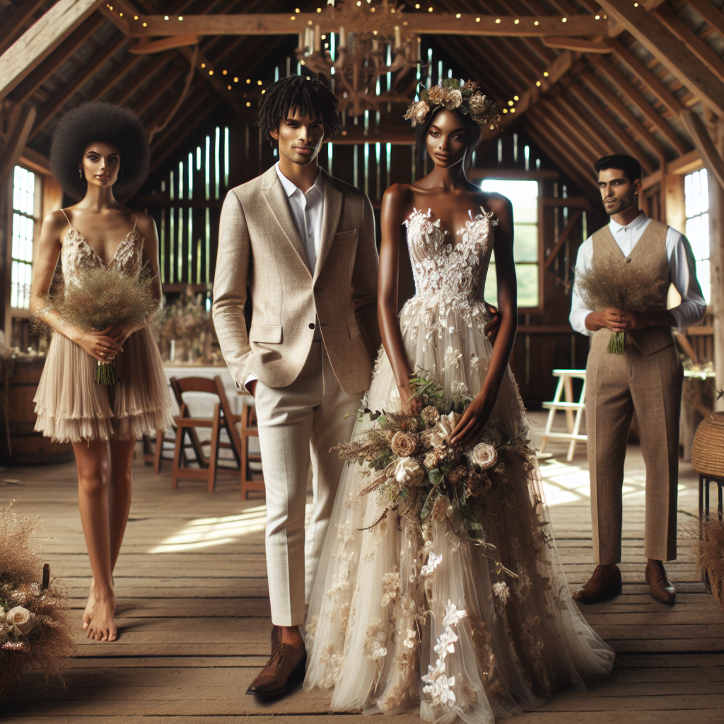 Imagine an idyllic rustic barn wedding scene. Paint the picture with a couple. The bride, a black woman, is wearing an elegant lace wedding dress with whimsical floral embellishments, showcasing a perfect balance between traditional and boho styles. Her hair is styled in a chic updo, adorned with a delicate floral crown. The groom, a Hispanic man, is dressed in a smart beige linen suit, exuding a laid-back elegance. With them are bridesmaids, a Middle-Eastern woman and a South Asian woman, both clad in coordinated earth-toned chiffon dresses carrying wildflower bouquets. The barn is beautifully decorated with string lights, vintage wooden details, and blush floral arrangements.