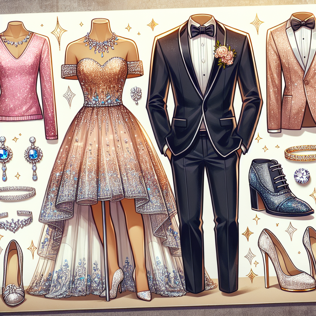 Imagine a fashion-focused display of vibrant and stunning outfits meant for a Sweet 16 celebration. Show one outfit styled for a Hispanic young woman, with a glittering dress, accented by jewelry and gem-studded high-heel shoes. Display another outfit suited for a Caucasian young man, more casual and cool with a two-tone tuxedo, crisply tied bowtie and polished dress shoes. The outfits should reflect modern fashion trends, yet also convey the air of elegance and excitement befitting a milestone birthday event.