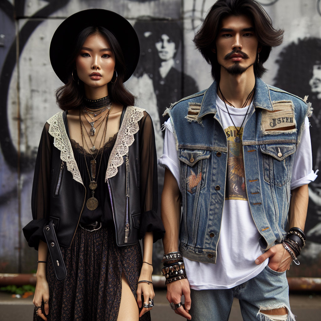 An East Asian woman in a black leather jacket and ripped skinny jeans, standing next to a South Asian man wearing a vintage band t-shirt and distressed denim jacket. They both have trendy accessories such as layered necklaces and wide-brimmed hats. Behind them, a graffiti wall gives a grunge urban vibe. For the next look, a Middle-Eastern woman elegantly draped in a maxi dress with a boho-chic vest, sharing the frame with a Hispanic man in a classic white t-shirt, leather pants, and a stylish fedora. Incorporate elements of rock, indie, and boho fashion styles.