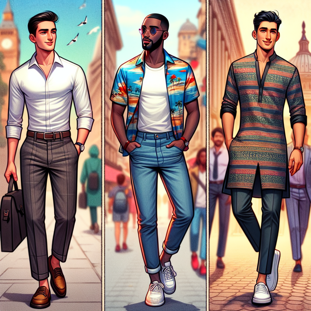 A colorful snapshot showcasing three individuals on a walk down a city street, with each one portraying a distinct outfit admired for a first date. One individual, a Caucasian male, is seen in a semi-formal ensemble - a crisp white shirt paired with dark chinos and brown loafers. The second person, a Black male, dotes an adventurous yet classy look with a printed Hawaiian shirt, denim jeans, and white sneakers. Lastly, the third individual, a South Asian man maturely carrying off a fusion of eastern and western attire by wearing a stylish Kurta with a pair of jeans and traditional jootis. The scene depicts camaraderie and an atmosphere of upbeat ambiance.