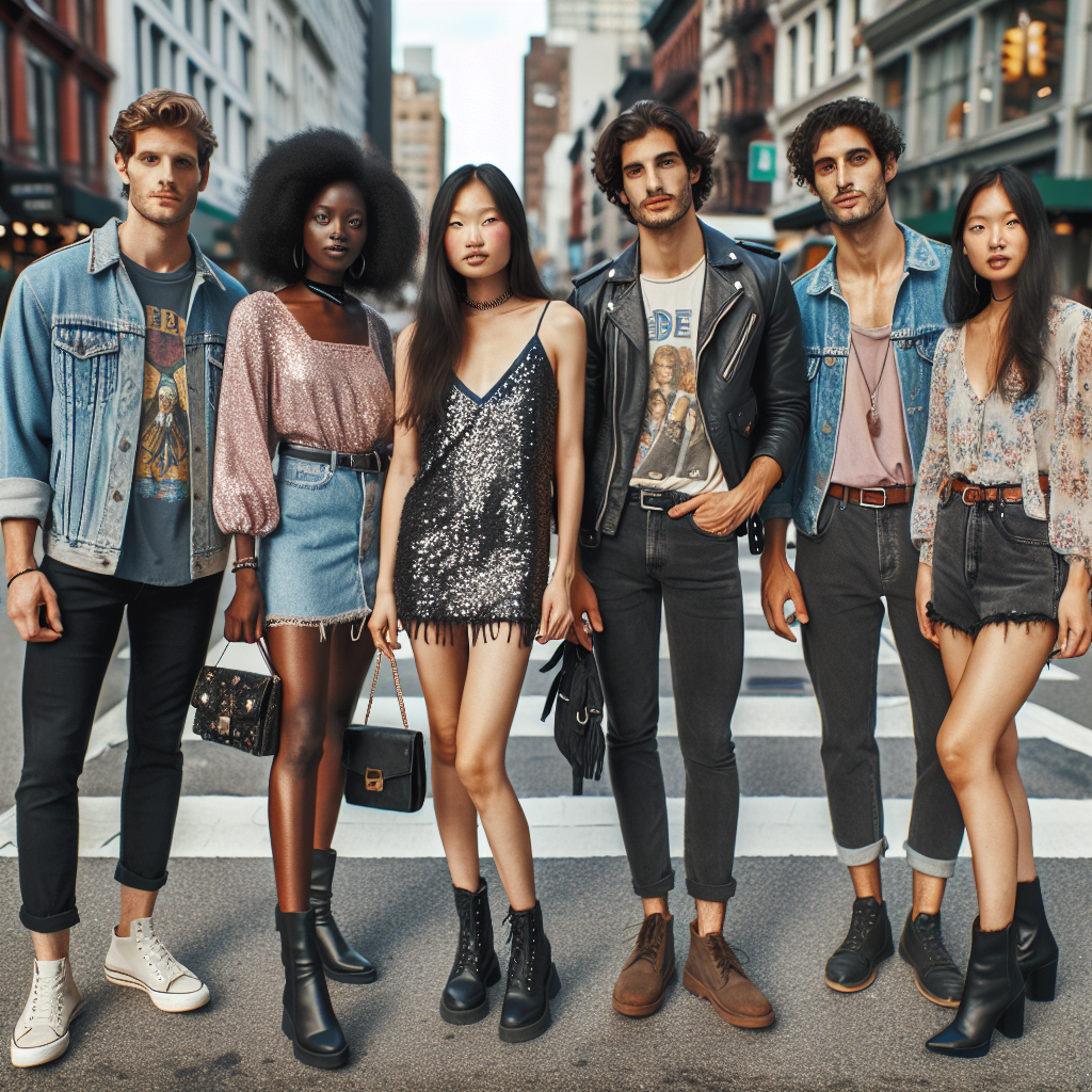 In a busy city street, group of friends of varying descents and genders are dressed in stylish concert attire, ready for an evening of music. A Caucasian man wears a vintage band t-shirt, black jeans, and sneakers. Beside him, a Black woman is in a sequined tank top, high-waisted shorts, and ankle boots. A South Asian woman, wearing a bohemian dress and spring ankle booties, stands next to a Middle-Eastern man outfitted in a denim jacket, statement graphic tee, and dark chinos. They all carry small messenger bags, clutch purses, or backpacks, suitable for a concert setting.