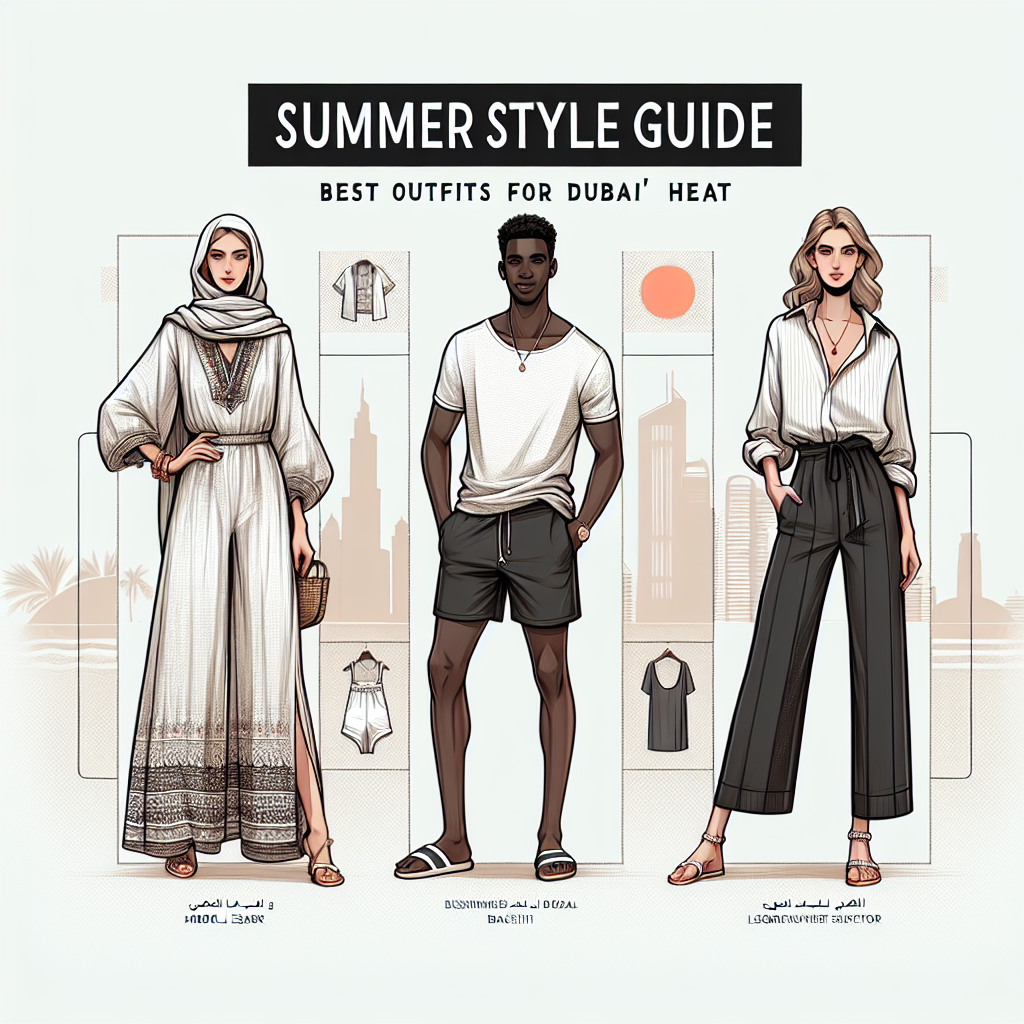 Create an image showing a style guide for summer outfits in Dubai's heat. Include three outfits. The first is a light, airy, and stylish outfit worn by a Middle-Eastern woman, traditionally inspired but with a modern twist. The second outfit is a beachwear worn by a Black man, preferably a lightweight t-shirt and shorts combo. The third outfit is a business-casual one, worn by a South Asian woman, emphasizing comfort and elegance, consisting of a loose blouse and wide-leg trousers. The backdrop should be a minimalist design with labels for each outfit and a title: 'Summer Style Guide: Best Outfits for Dubai Heat'.