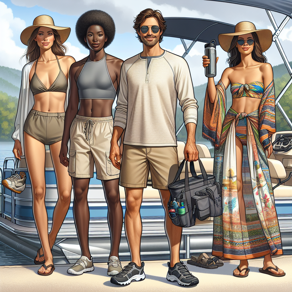 An ensemble of must-have outfits for pontoon boat adventures. Display a Caucasian man wearing a light-colored breathable shirt and khaki shorts with water shoes, holding sunglasses. Beside him, show a Black woman in a colorful bathing suit, a sarong wrap and flip flops, waving a wide-brimmed sun hat. In the background, depict a Hispanic woman in a comfy maxi dress, a sun visor hat and sandals, holding an insulated water bottle. Include a pontoon boat on a calm lake under the sunny sky, to set the context.