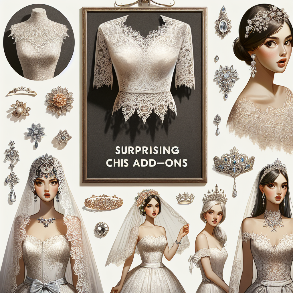 Create a captivating image showcasing a variety of surprising and chic wedding dress add-ons. These items can include detailed lace shawls, elaborate veils, vintage brooches, and sparkling tiaras, all of which offer a timeless look. There should be a diverse display featuring items on a couture mannequin as well as being worn by women of different descents such as a Middle Eastern woman in a lace shawl, a Caucasian woman in a sparkling tiara, and an Asian woman wearing an elaborate veil. Ensure the atmosphere of the image exudes effortless elegance and sophistication.