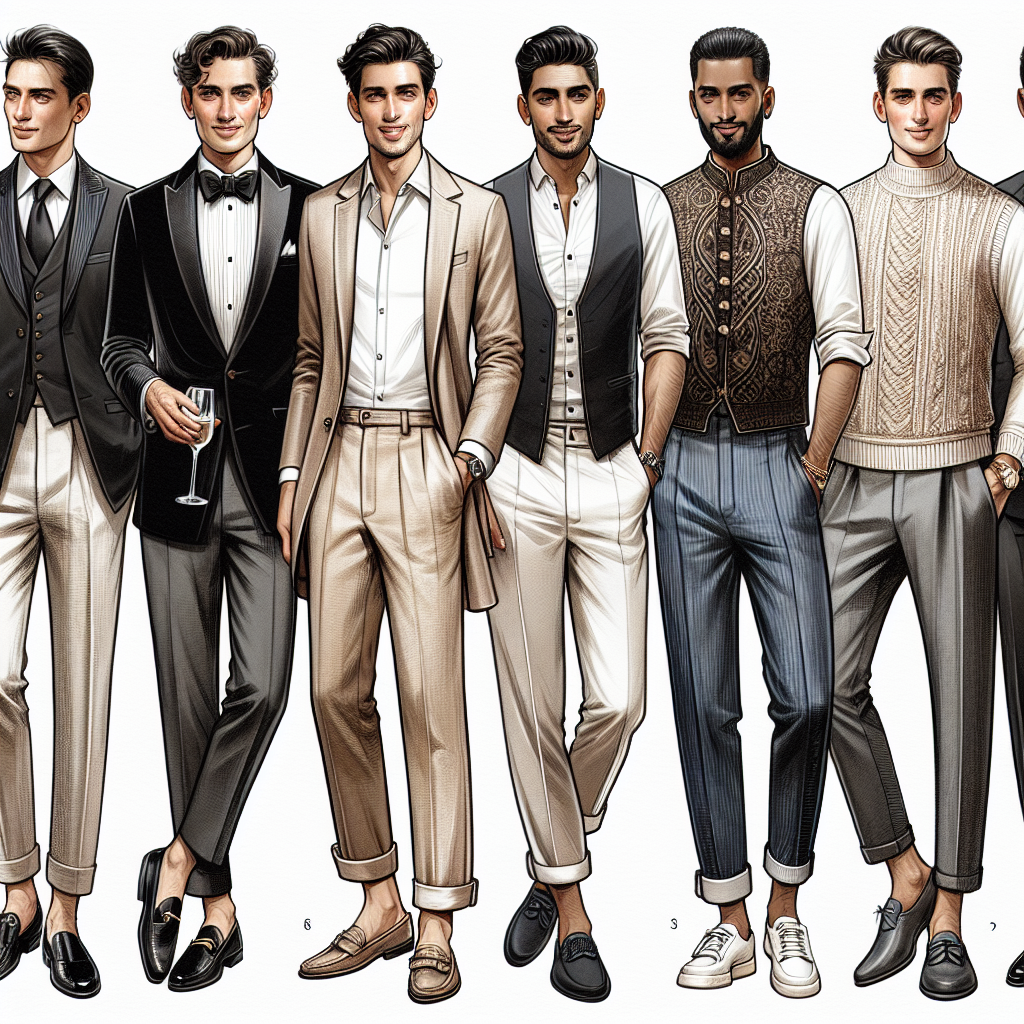Illustrate a series of trendy and extraordinary outfit ideas for men to wear at weddings, all offering alternatives to the traditional suit. Imagine a black-tie optional ensemble comprised of a refined velvet dinner jacket accessorised with designer loafers, a Hispanic man displaying a linen shirt paired with Chinos and boat shoes for a beach wedding, a Middle-Eastern man sporting a mandarin collar shirt with tailored trousers for a semi-formal event, a South Asian man in a monochrome Nehru jacket and fitted jeans crucial for a fusion-themed wedding, or a white man donning a stylish knitted vest with a collared shirt under, cuffs rolled, coupled with slacks for a casual winter wedding. 