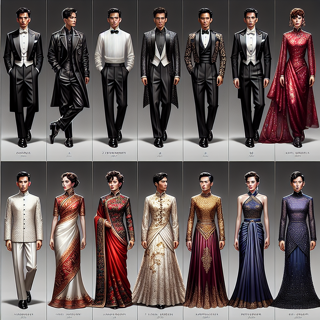 Present an elaborate showcase of formal dinner outfits from various cultures and periods. The display includes: (1) A black-tailored tuxedo accompanied by a white pleated shirt, a black satin bow tie, and patent leather shoes, modelled by a Caucasian male. (2) A red cheongsam with intricate embroidery and beadwork, adorned by an Asian female. (3) A Hispanic male fashioning a white Guayabera paired with black formal trousers. (4) An Indian saree in rich hues of gold and maroon, accompanied with matching jewelry, donned by a South Asian woman. (5) A Middle-Eastern woman in a deep blue chiffon Abaya embellished with sequins.