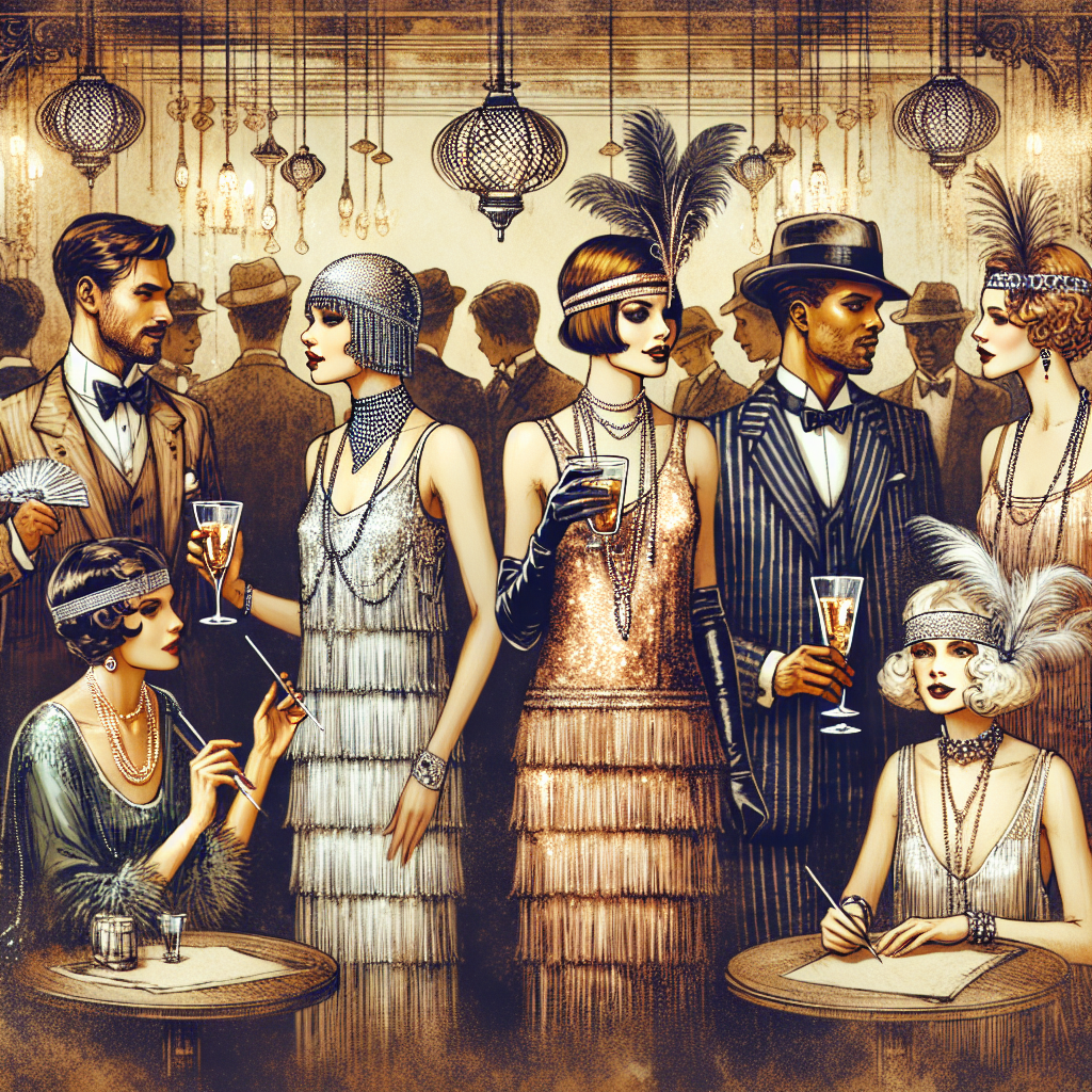 An exploration of stunning speakeasy attire, featuring essential must-have looks. Visualize a gathering in a roaring 20s underground bar. Capture the glamourous details of 1920s fashion. Art Deco inspired designs, fringe dresses, sequin-studded attire for women, well-tailored suits with a crisp white shirt, braces, and fedoras for men. People of various descents can be seen: a Caucasian female elegantly dressed in a sequin flapper dress complete with long strings of pearls, an Asian male donning a well-fitted three-piece suit paired with a cloche hat, a Black male displaying sophistication in a bow tie and pinstriped suit, and a Hispanic female in a fringe dress adorned with headbands embellished with feathers and jewels. Everyone sipping on classic cocktails and socializing.