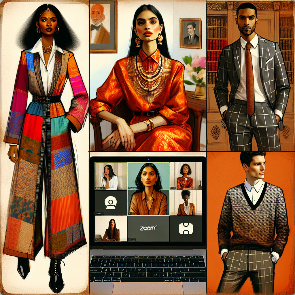 Imagine a collage showcasing a variety of stylish outfits for video conferencing. In one corner, visualize an elegant South Asian woman, strong and confident, dressed in a vibrant kurta with modernized patterns. Next to her, depict a sophisticated Hispanic man wearing a dapper blazer over a pristine white shirt. Further along, depict a Black woman exuding poise in a chic blouse and statement necklace. Lastly, envision a Caucasian man, comfortable yet professional, in a neat sweater paired with complementary trousers. In the center, feature a laptop with the 'Zoom' logo on its screen.