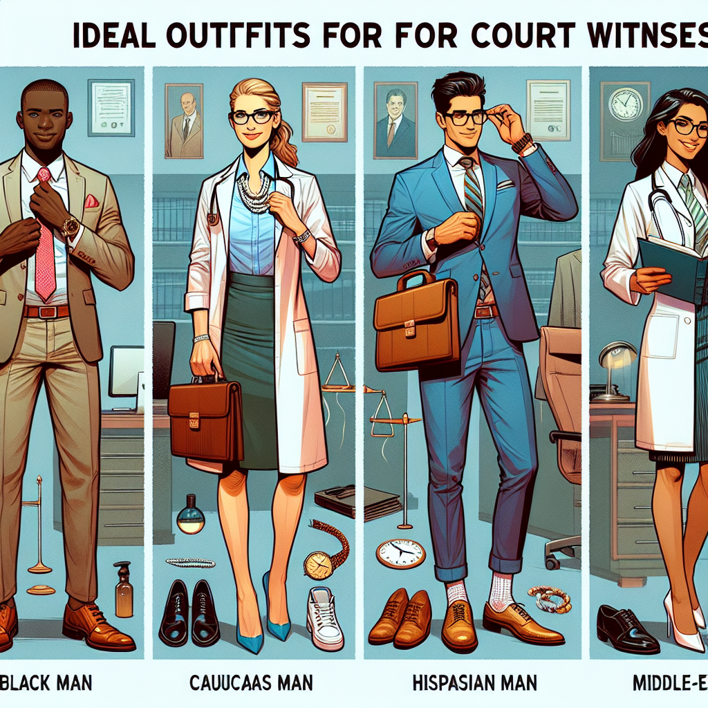 An illustrative guide revealing ideal outfits for court witnesses in various settings. The image should feature four different individuals of diverse races: a Black man, a Caucasian woman, a Hispanic man and a middle-Eastern woman. Each should be appropriately and stylishly dressed for a court appearance. The image should also highlight appropriate accessories such as ties, briefcases, watches, clean shoes, and conservative but tasteful jewelry. The backdrops should hint at their professions: an office (showing a businessman clinching a tie), a laboratory (showing a scientist adjusting her glasses), a university (showing a professor holding a book), and a hospital (showing a nurse checking her wristwatch).