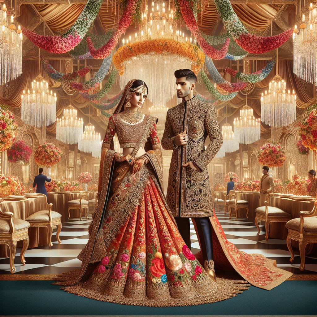 Create a spectacular visual array of vibrant and colourful Indian wedding reception outfits. Display an elegant, regal saree on a South Asian woman with the intricate techniques and materials like gold embroidery and silk fabric that make Indian couture so distinctive. Also depict a man in a richly decorated sherwani, which combines luxurious fabrics with detailed craftsmanship. The backdrop should be the interior of a marvellously adorned banquet hall, with layers of draped fabrics, cascades of flowers, and dangling crystal chandeliers, putting forth the opulence and warmth of Indian wedding celebrations.