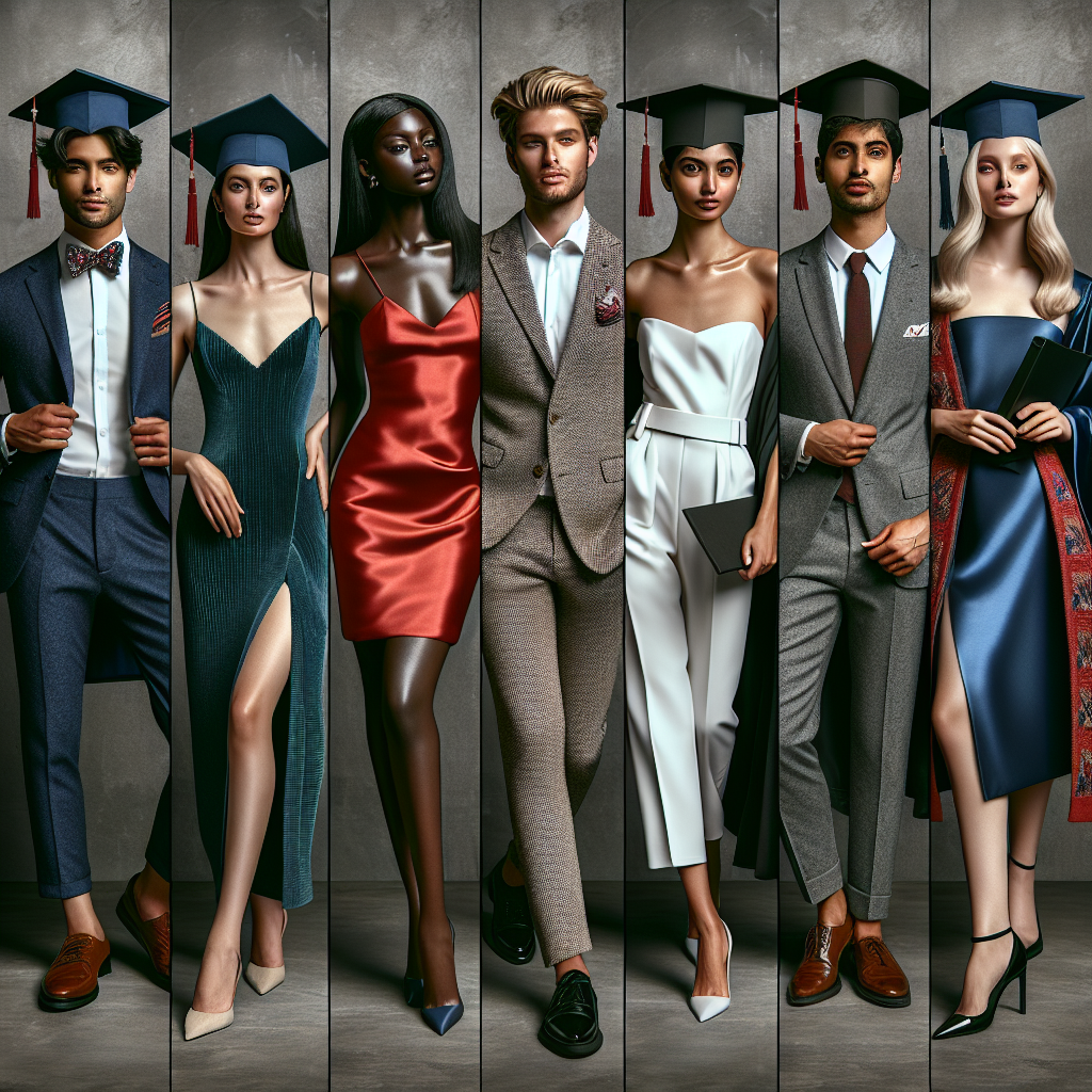 A diverse and fashionable display of college graduation attire. A Caucasian male in a smart dark blue suit with a celebratory graduation cap. A Black female glows in a sleek red dress, perfectly complementing her graduation gown. A Middle-Eastern male dons a stylish grey tweed suit giving a classy look to his graduation robes. A South Asian female sports a graceful teal wrap dress paired with her grad gown, forming an exotic ensemble. Lastly, a Hispanic female sports an elegant white jumpsuit under her graduation gown, redefining chic. A truly diverse and elegant way to impress at college graduation.