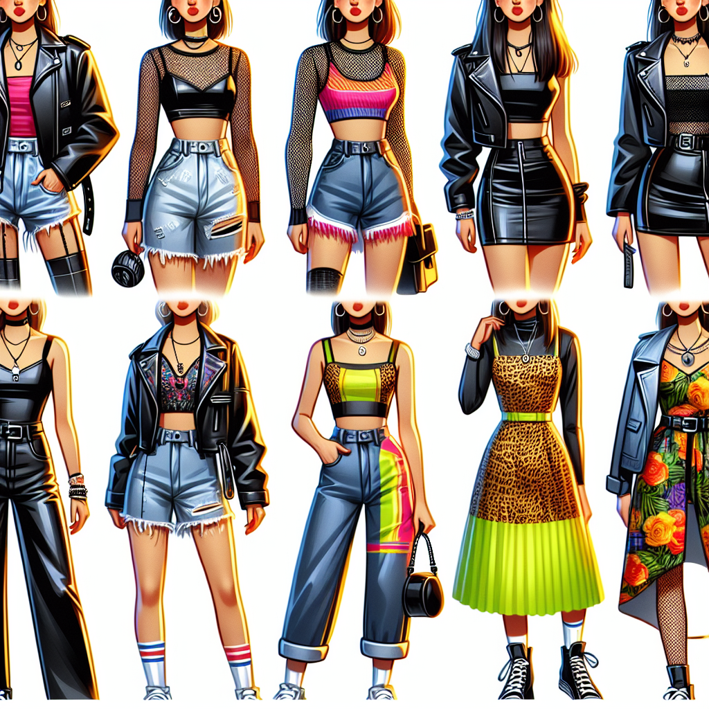 A collection of must-have concert outfits ideal for attending a high-energy music event. The collection includes a funky leather jacket, a mesh top, a pair of high-waist jeans with neon color, a tennis skirt, and a bold, statement-making animal print dress. These outfits would plausibly be worn by various young women attending a pop music concert, with each woman exhibiting her personal style. The woman with the leather jacket is Caucasian, the woman with the neon jeans is Black, the woman with the tennis skirt is Hispanic, and the woman with the animal print dress is South Asian.