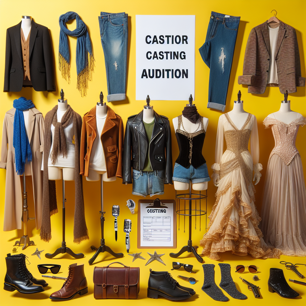 Imagine an array of must-have outfits for a casting audition arranged aesthetically across a bright background. The collection should include a variety of styles suitable for different roles like a chic business suit for playing a corporate character, a pair of jeans and a leather jacket for a rebellious role, and a dramatic, vintage gown for period dramas. Include accessories like scarves, sunglasses, and shoes for each outfit. Make sure one outfit is modelled by an Asian female mannequin, another by a Caucasian male, and the last by a Black non-binary individual.
