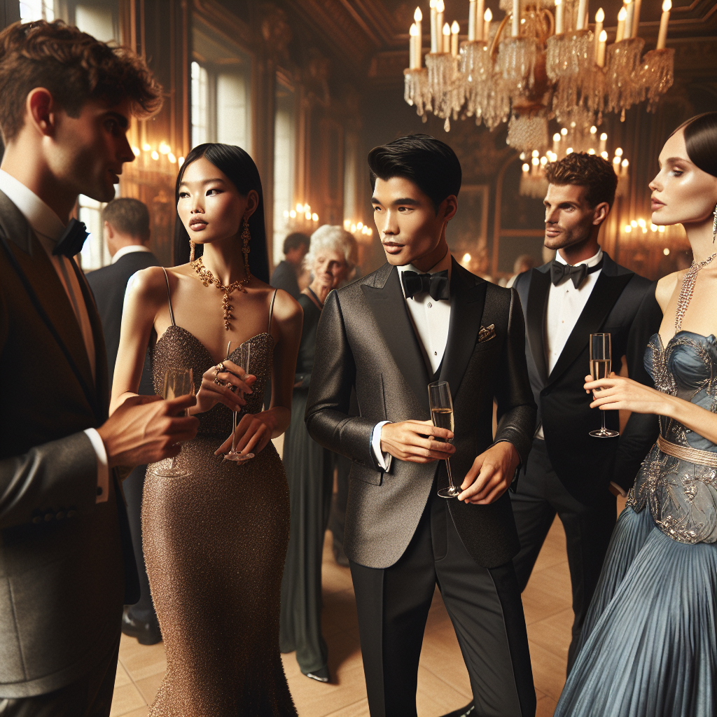 Imagine a social occasion that's a music recital. The room is grand with high ceilings and vintage chandeliers. In the scene, a group of fashionably dressed guests are mingling. An Asian woman is elegantly dressed in a shimmering gold gown, complemented by delicate gold jewelry. A Hispanic man in a tastefully tailored charcoal suit is engaged in conversation with a South Asian woman wearing a beautiful sapphire blue dress with silver accessories. A Middle-Eastern man, stylish in impeccable black tuxedo, is holding a glass of champagne. The atmosphere is one of effortless elegance and sophistication.