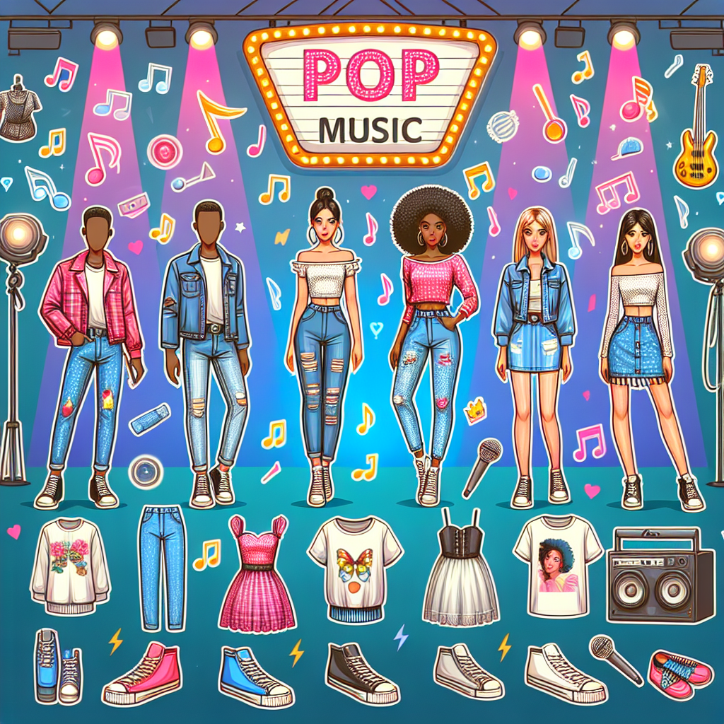 Design an image showing a variety of fashionable clothes suitable for a pop music concert. The collection includes a mix of trendy jeans, graphic t-shirts, cute dresses, comfortable sneakers, and stand-out accessories. A few people, a Caucasian female, a Black male and a South Asian female, are showcasing these outfits against a backdrop of vibrant lights and music notes to represent the concert atmosphere.