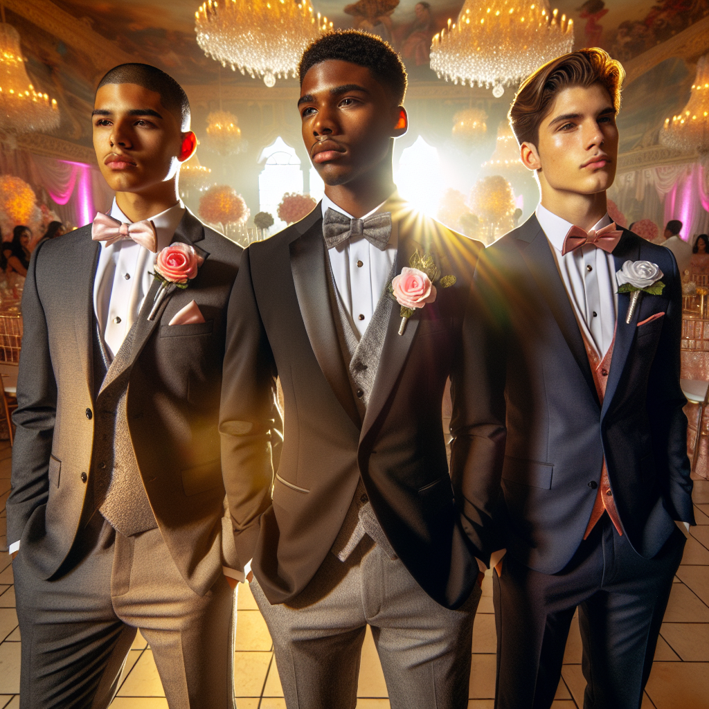 A showcase of elegant quinceañera attire for men. Imagine three men, each of different descents – Hispanic, Black and Middle-Eastern. All are dressed in smart and sophisticated formal wear. The Hispanic man is wearing a charcoal gray suit with a pink rose-boutonnière, the black man a classic black tuxedo with a silver cummerbund, and the Middle-Eastern man a navy blue suit with a coral tie. They all stand gracefully in a grand ballroom adorned with festive decorations. Sunlight peering through the tall windows highlights the intricate details of their attires and adds a shimmering elegance.