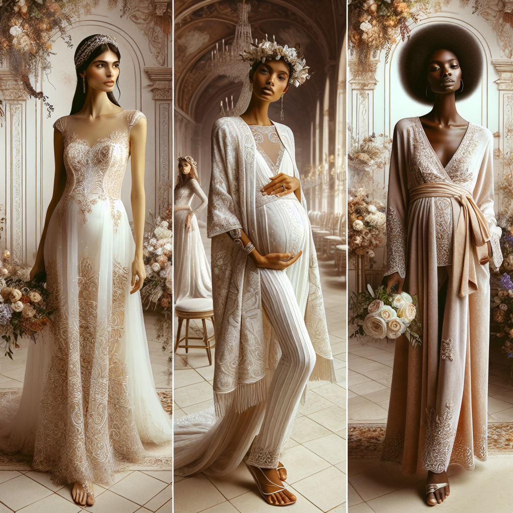 Imagery depiction of maternity wedding outfits showcasing effortless style. Include a South Asian woman in a timeless, elegant maternity wedding dress with intricate embroidery, and an African-American woman in a chic wraparound maternity wedding gown with lace accents. Also represent a Caucasian woman in a fashionable, relaxed-fit maternity wedding jumpsuit, and a Hispanic woman in an exquisite empire waist maternity wedding gown adorned with silk flowers. The backdrop should be a beautiful wedding venue with lavish decor and an air of rich celebration.