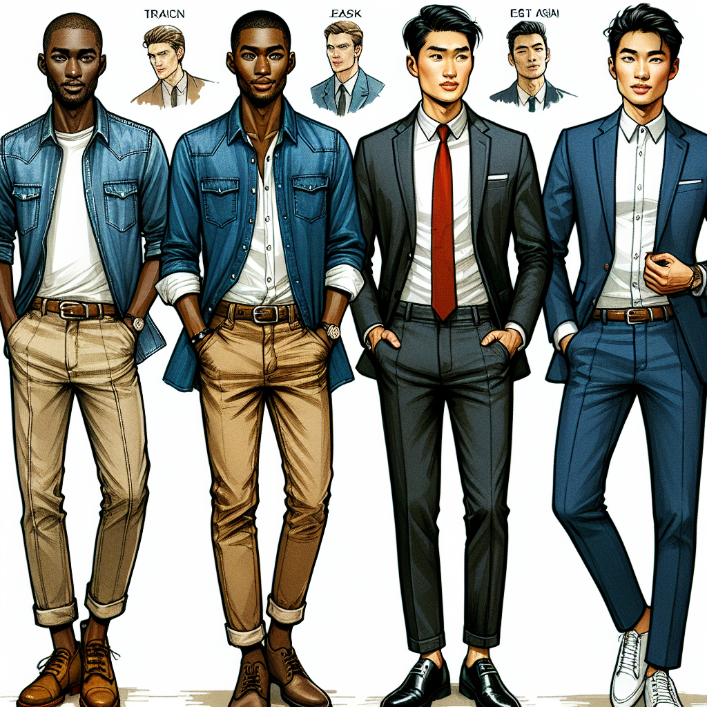 Envision a stylish scape showcasing four essential looks to accompany a denim shirt for men. Picture one man of African descent wearing his denim shirt with khaki pants and brown loafers. Another man of Middle-Eastern descent has his denim shirt tucked into rugged jeans, complemented with black ankle boots. In another scenario, an East Asian man fuses his denim shirt with a crisp black suit, accented with a vibrant red tie. Lastly, imagine a Caucasian man combining his denim shirt with white pants and casual sneakers. These men embody various body types, hairstyles, and ages.