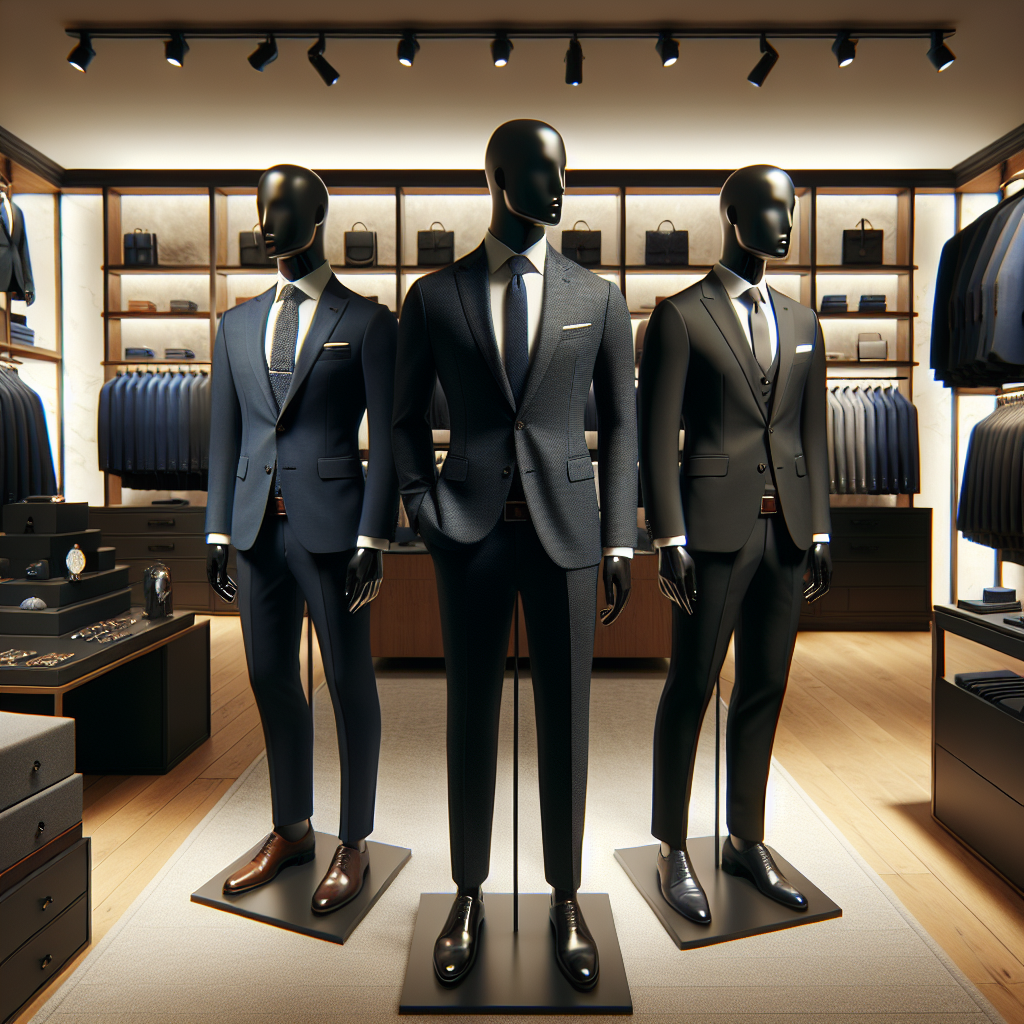 Visualize a scene featuring a suit store showcasing elegant men’s business attire. In the center, three mannequins of varying descents, Caucasian, South Asian, and Black, are stylishly dressed in high-quality tailored suits in navy, charcoal and black respectively. They epitomize class and sophistication. Various accessories such as ties and cufflinks are displayed nearby. The store is well-lit with a luxurious ambiance, underlining the professionalism and smartness of the suits.