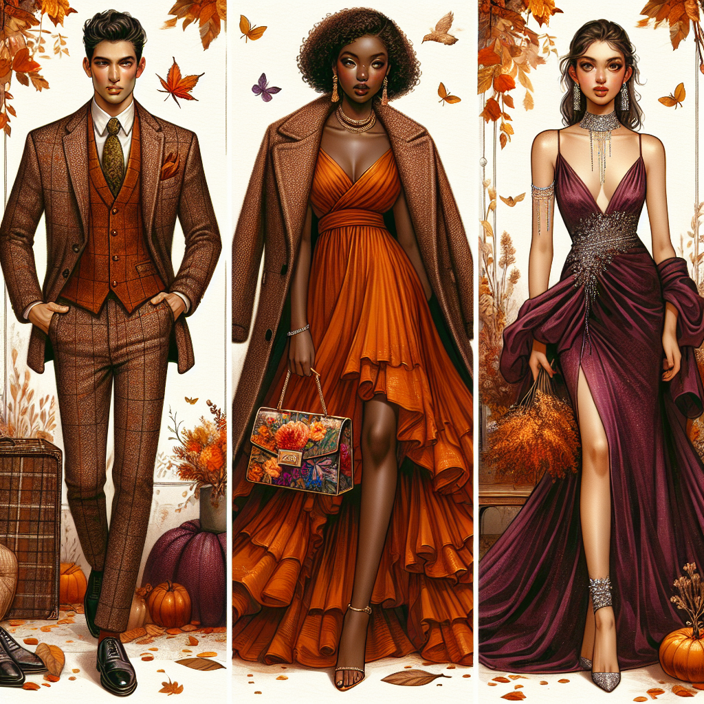 Imagine an autumn-themed fashion catalogue showcasing must-have outfits for fall wedding guests. The first outfit is a stylish tweed suit, in deep shades of brown and orange, worn by a South Asian man. Adding to the ensemble, he carries a matching woolen overcoat draped over his shoulders. Next, a busty Black woman elegantly dressed in a burnt orange flowy chiffon dress, adorned with gold jewelry. She carries a vibrant, oversized floral print handbag as an accessory. Lastly, a petite Middle-Eastern woman radiates beauty in a plum-colored velvet evening gown, paired with silver statement accessories. Fallen leaves scattered around add to the lush fall ambiance.