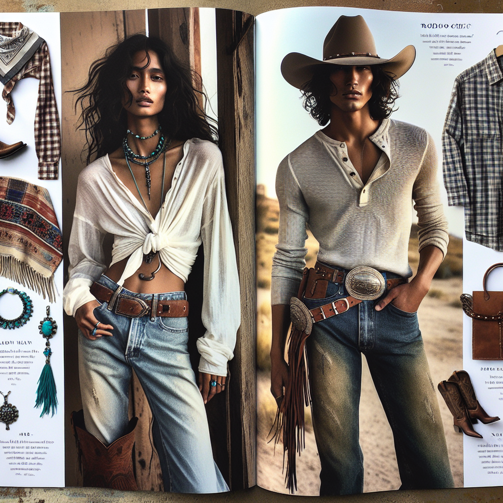 Envision a style guide spread displaying must-have pieces for achieving a 'Rodeo Chic' look. In the center, there's a South Asian woman, showcasing a plaid shirt knotted at the waist, denim jeans, and a pair of worn leather boots. To her right, a black man is wearing a white, long-sleeve Henley, dark-wash denim jeans, and a finely made cowboy hat. On her left, a Hispanic woman dons a denim dress and a bandana scarf. Also, include accessories like a cowboy belt, a fringed jacket, turquoise jewelry, and a rustic leather bag. The environment should evoke a sun-soaked prairie for a true rodeo feel.