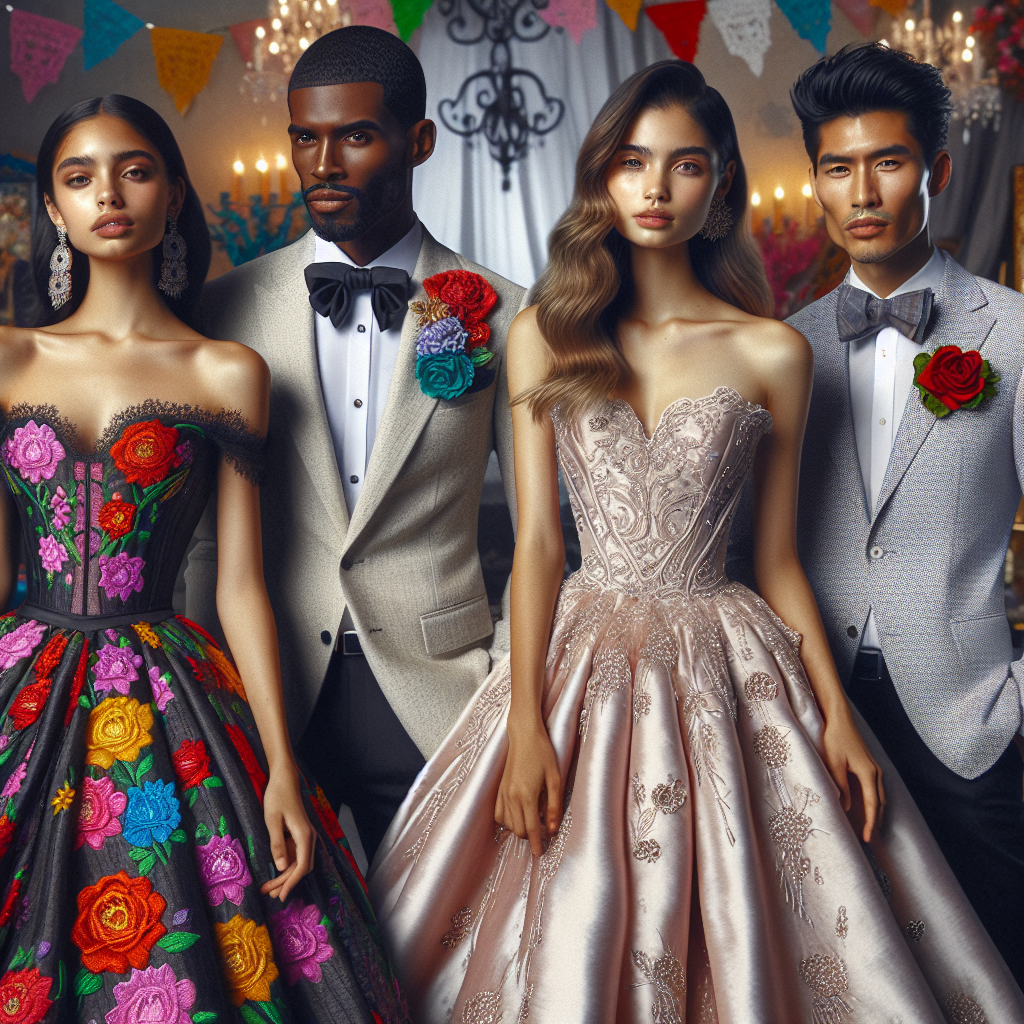 Visualize a diverse group of people at a traditional Quinceanera celebration. Hispanic woman in a vibrant, floral print dress with delicate lace detailing, Black man in a stylish, tailored suit with a well-coordinated tie, Middle-Eastern woman in a sophisticated, satin gown with an intricate, beaded design, and an Asian man in a crisp, pastel linen suit. Each person portrays an effortless style and elegance, reflecting the sophistication of the event. The background is filled with festive decorations fitting for the celebration.