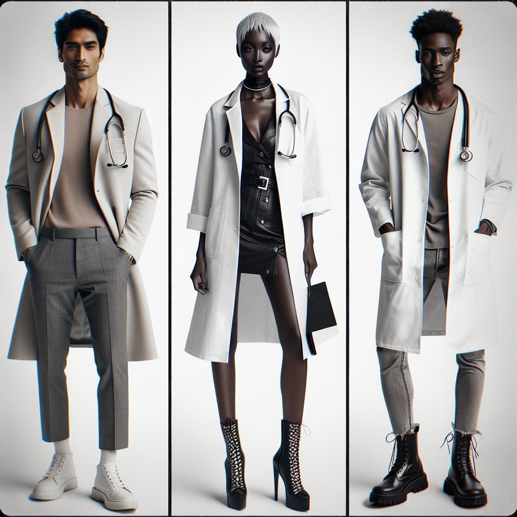 Imagine a series of fashion-forward outfits styled for a day shadowing a doctor. The first is on a South Asian male dressed in smart casual attire and a classic doctor's coat – white and clean. The second shows a Black female wearing an edgy, yet professional attire with her own stylish take on the doctor's coat. The third shows a Hispanic male with a relaxed and comfortable ensemble under the trademark white coat. All three individuals carry a doctor's accessory: a stethoscope, dangling casually, yet symbolizing professionalism and class.
