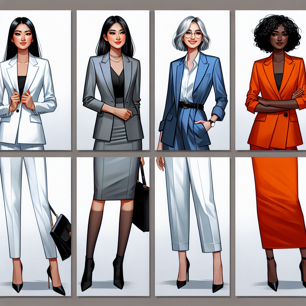 Create a collage showing four different job interview outfits for women, each reflecting a distinct style. The first outfit should be a professional monochrome suit tailored for a Caucasian woman. The second should be a modern, chic business casual ensemble modeled by an Asian woman. The third should be a minimalist, yet sophisticated dress customized for a Black woman. Lastly, the fourth should display a vibrant, trendy attire worn by a Hispanic woman. Each attire should embody confidence and sophistication, designed to elevate their unique styles.
