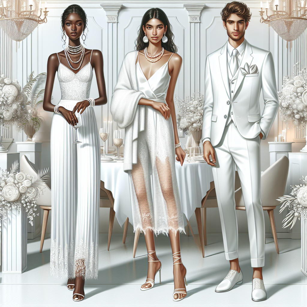 Design an elegant scene of a white-themed party. Visualize a gathering of carefully dressed individuals at a luxurious venue. Portray three main individuals, all wearing the latest white fashion trend: a Black woman donning a white lace maxi dress and pearl accessories, a South Asian man in a contemporary white suit with a silk handkerchief, and a Hispanic gender-neutral individual flaunting a white culotte jumpsuit. Infuse the image with a sense of sophisticated elegance through delicate lighting, chic furnishings, and creatively arranged flowers, all in different shades of white.