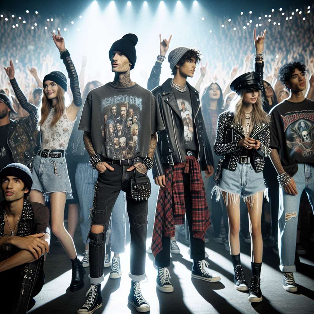 Imagine the scene of a vibrant music concert venue filled with energetic music fans. In this crowd, focus on an assortment of fashion-forward individuals, each showcasing their unique sense of style. One person, a Caucasian male, is wearing a vintage band t-shirt with distressed jeans and a beanie. Another, a Hispanic woman, sports a punk-inspired outfit comprised of a leather jacket, skinny black pants, and studded boots. A third person, a Black man, is dressed in an oversized flannel shirt, well-worn denim shorts, and high-top sneakers. Everyone is cheerfully engaging with the electrifying atmosphere around them. Remember, their outfits reflect their love for the band playing, but in a comfortable and effortless manner.