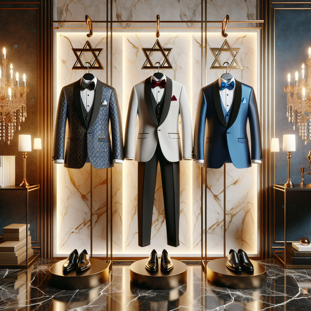 A stylized composition showcasing different outfits for a Bar Mitzvah. The scene displays three designer suits hanging on elegant bronze hangers. The first suit should have a modern cut, in a deep blue color adorned with a silver Star of David pattern. The second should be a traditional black tuxedo with a vibrant red bow tie, whereas the third should be a white suit with a golden yarmulke. All should be presented against a luxuriously decorated marbled wall, illuminated tastefully by a crystal chandelier. There should also be a tastefully arranged side table with matching leather shoes for each suit. 