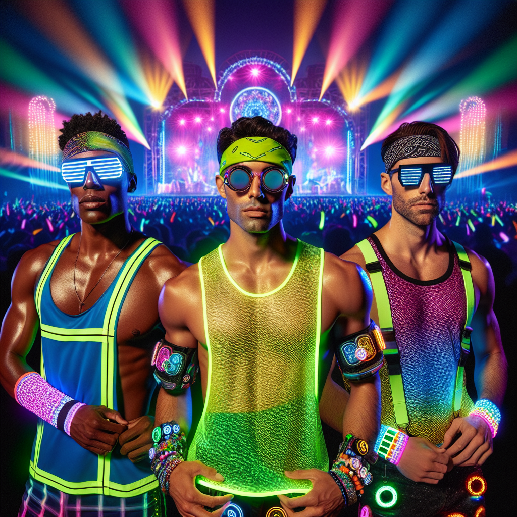 Create an exuberant image displaying a variety of men's rave fashion essentials. The backdrop should be a vibrant, neon-lit stage surrounded by pulsating strobe lights. In the foreground, show three men of different descent: a Hispanic man sporting a neon tank top and bandana, a Black man wearing reflective sunglasses and LED gloves, and a Caucasian man dressed in a holographic shirt and light-up shoes. Each of their outfits should be a distinct representation of unique rave style, showcasing the upbeat and colorful nature of rave culture. Please include other rave essentials like glow sticks, hydration packs, and earplugs in the image.
