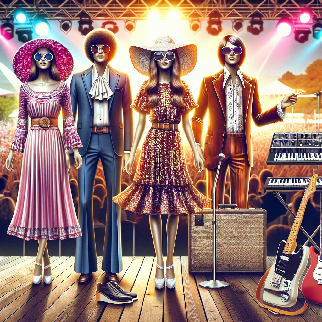 An exclusive fashion guide sporting outfits ideal for a music concert. Picture a selection of fashionable attire suitable for both day and night events - a stylish summer dress for women with sun hat and sunglasses, a smart casual suit for men. Envision the concert taking place in an outdoor amphitheater with the stage set for a soul music performance, with musical instruments such as keytar, drums, and microphones visible. The colorful lights from the stage enlighten the crowd. The outfits reflect the vibe of soul music, with elements of 70's fashion such as bell-bottom trousers and wide collared shirts.