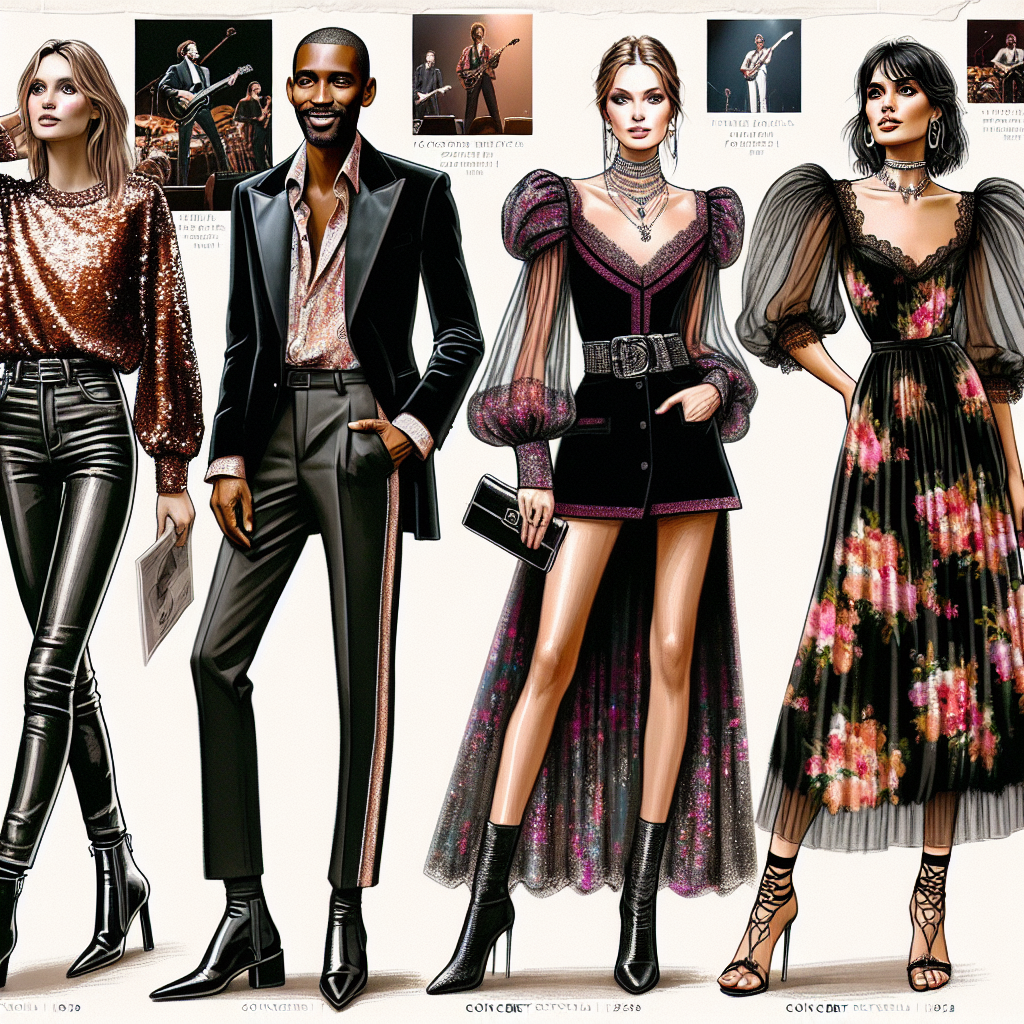 Imagine a fashion magazine spread about stunning concert styles for people in their 40s. On the left side is a stylish Caucasian woman with a sequin top, skinny black jeans, paired with statement boots. In the middle, there's a confident Black man elegantly dressed in a dark velvet blazer, matching trousers and a patterned silk scarf. On the far right, we see a vibrant Hispanic woman dolled up in a floral midi dress with sheer puffy sleeves, finishing her look with ankle strap heels. All exuding the essence of effortless but chic concert fashion.