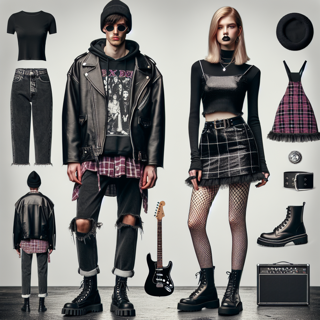 Visualize a creative concert style outfit, perfect for a modern indie music event. In the foreground, show a young man, Black descent, dressed in a grunge-inspired ensemble consisting of distressed black jeans, oversized band t-shirt, leather jacket, and sturdy combat boots. Accessorize him with a beanie and dark sunglasses. In the background, place a Caucasian woman in a chic punk look which includes a plaid mini skirt, cropped band tee, fishnet stockings, and black chunky boots. Accents include bold lipstick and statement earrings. Base the ambiance on enthusiasm and energy that's typical of live music concerts.