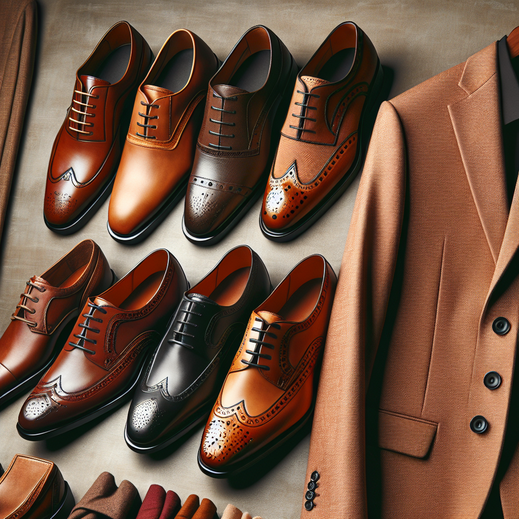 Showcase a collection of must-have shoe styles for tan suits. The image should depict a selection of various shoes like classic black leather derby, rich brown brogues, and stylish burgundy loafers placed tastefully next to a tan suit. Make sure to display the shoes from different angles to fully feature their designs and quality. The suit on the other hand, should be well tailored, featuring a two-button, single-breasted jacket with a notched lapel and flat front trousers. Also, create a backdrop that reflects a luxurious lifestyle and the concept of styling effortlessly.
