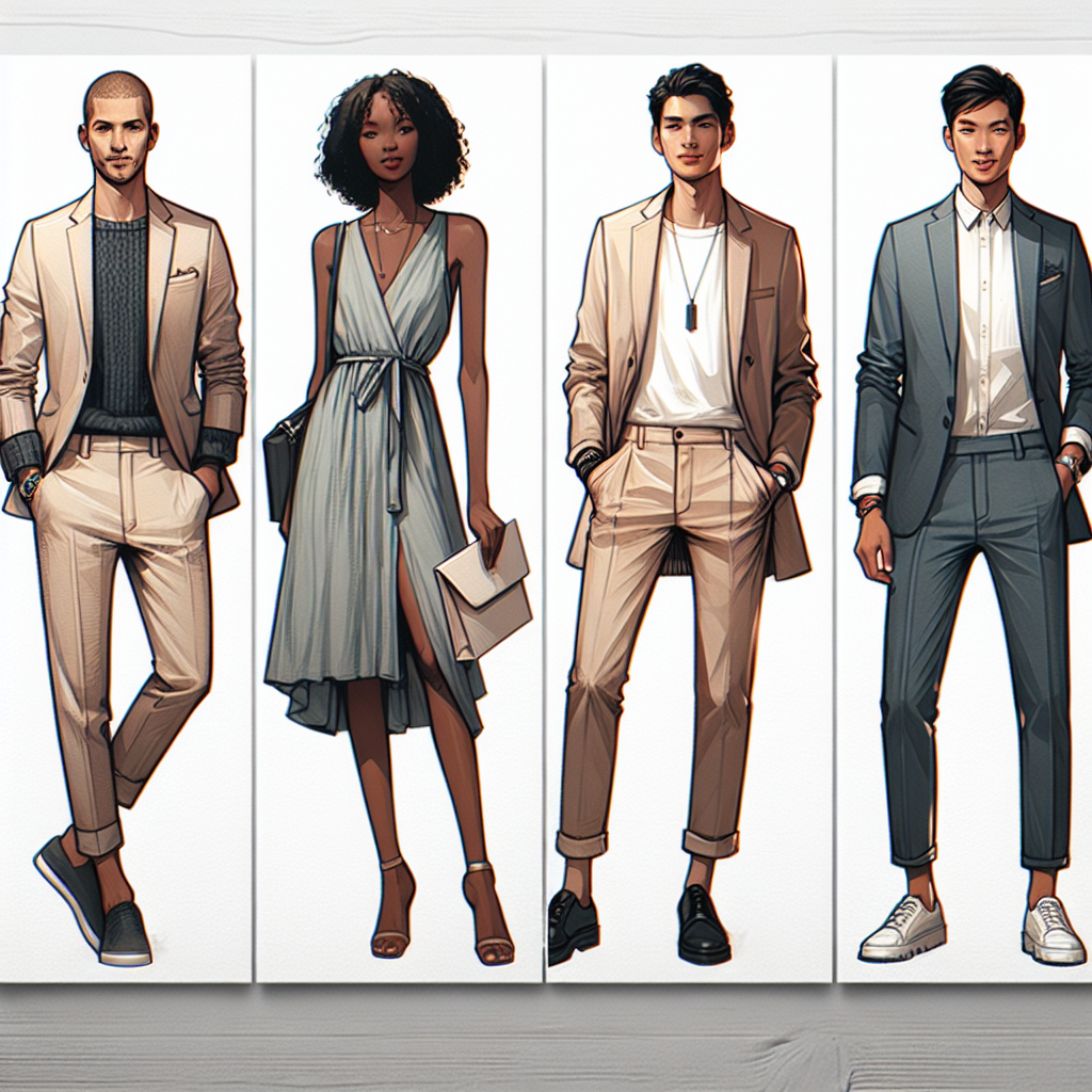 Create an image showcasing a variety of outfit ideas ideal for casual fundraisers. The visual atmosphere should reflect a sense of effortless elegance. Illustrate a group of four people, each displaying distinct styles. The first person could be a Caucasian male wearing sophisticated attire with a casual twist such as a blazer and jeans combination. The second should be an African-American woman in a sleek, chic dress that speaks volumes in both comfort and sophistication. The third could be an Asian woman with a smart-casual jumpsuit, and the fourth a Hispanic man in a sharp yet relaxed suit. Accentuate accessories to add an element of sophistication.