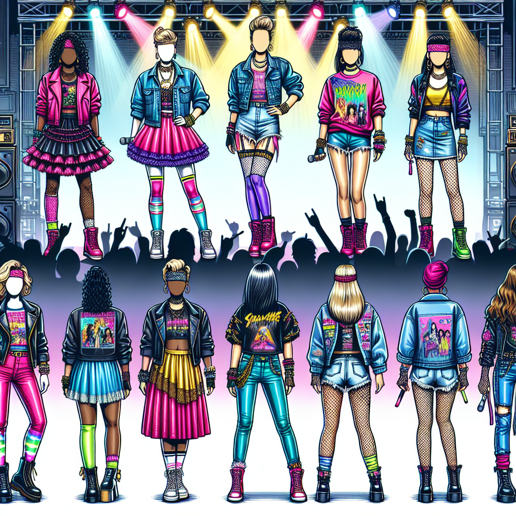 A vibrant and detailed illustration showcasing a variety of 80's inspired fashion outfits for a pop music concert. Include the style of neon colors, denim jackets, ra-ra skirts, graphic t-shirts, heavy jewelry and fishnet gloves. Should also show individuals of various descents such as Caucasian, Hispanic, Black, Middle-Eastern, and South Asian, each wearing these outfits. Create a background of a concert stage with lights and speakers to truly set the concert vibe. No identifiable features of the performer are to be shown on the stage.