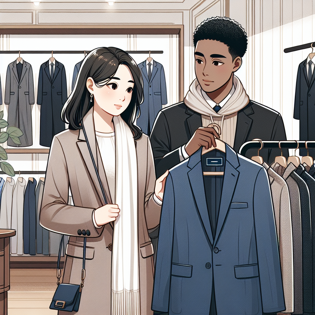 Illustrate a respectful and tasteful image showing two persons choosing appropriate attire for a funeral. The first person, an Asian woman with mid-length hair, should be holding a soft grey tailored suit while looking thoughtfully. The second person, a Black man with short, curly hair, is examining a navy-blue woolen coat hung on a rack. Design the background as an upscale, well-lit clothing outlet displaying a variety of non-black, elegant and muted color dress options for such formal occasions.