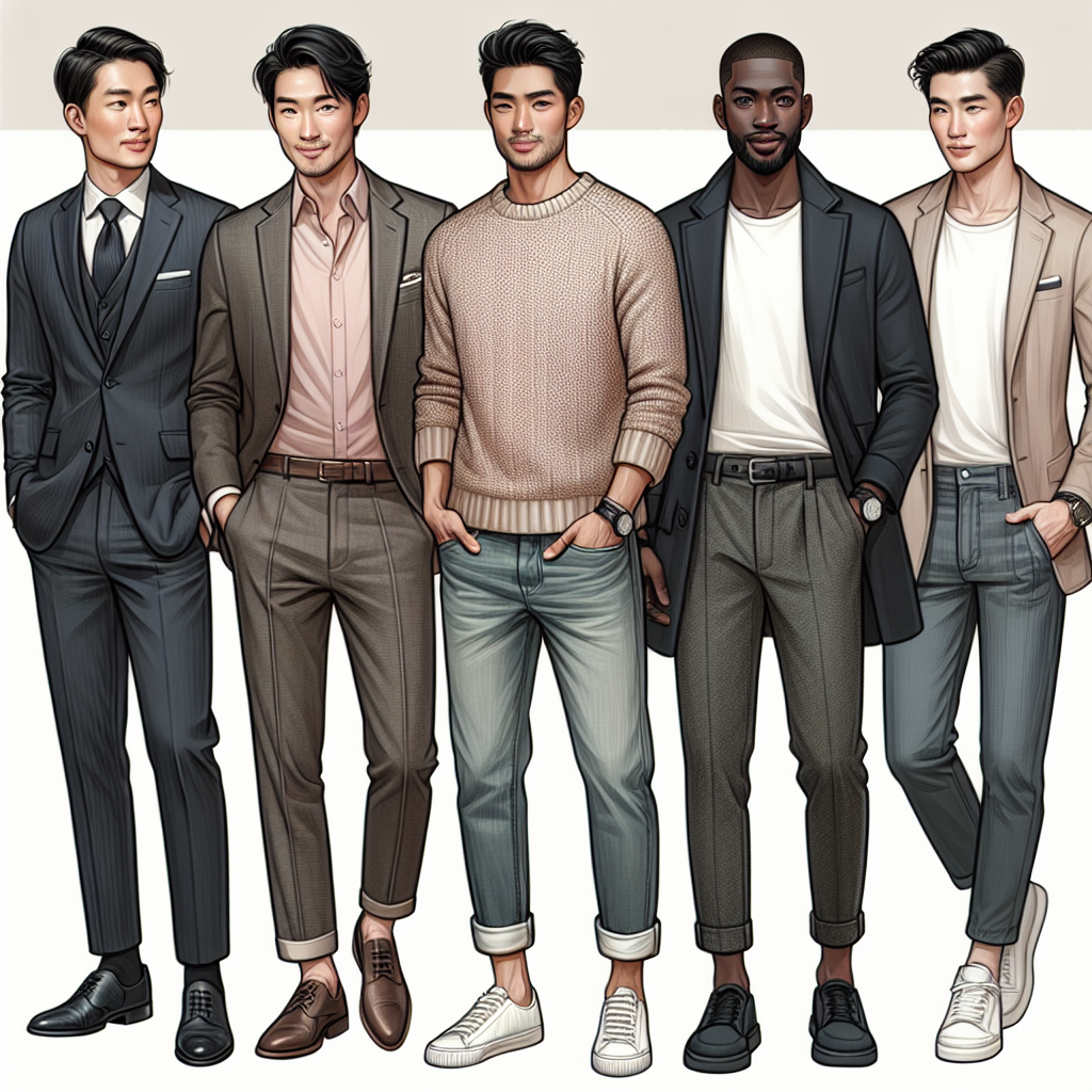 Imagine a high-resolution illustration showcasing a variety of date outfits for men, demonstrating diverse styles and fashions. In the foreground, an East Asian man in a tailored suit with dark tones. Nearby, a Hispanic man donning a smart-casual outfit featuring a stylish sweater and jeans. In the background, a Black man wearing a trendy ensemble consisting of a pastel-toned blazer and chinos. Lastly, a Middle Eastern man expertly styled in a classic jeans and t-shirt combo, accentuated with fashionable accessories. All these representations should depict the varying ways a man can style himself for a date, exuding both confidence and comfort.