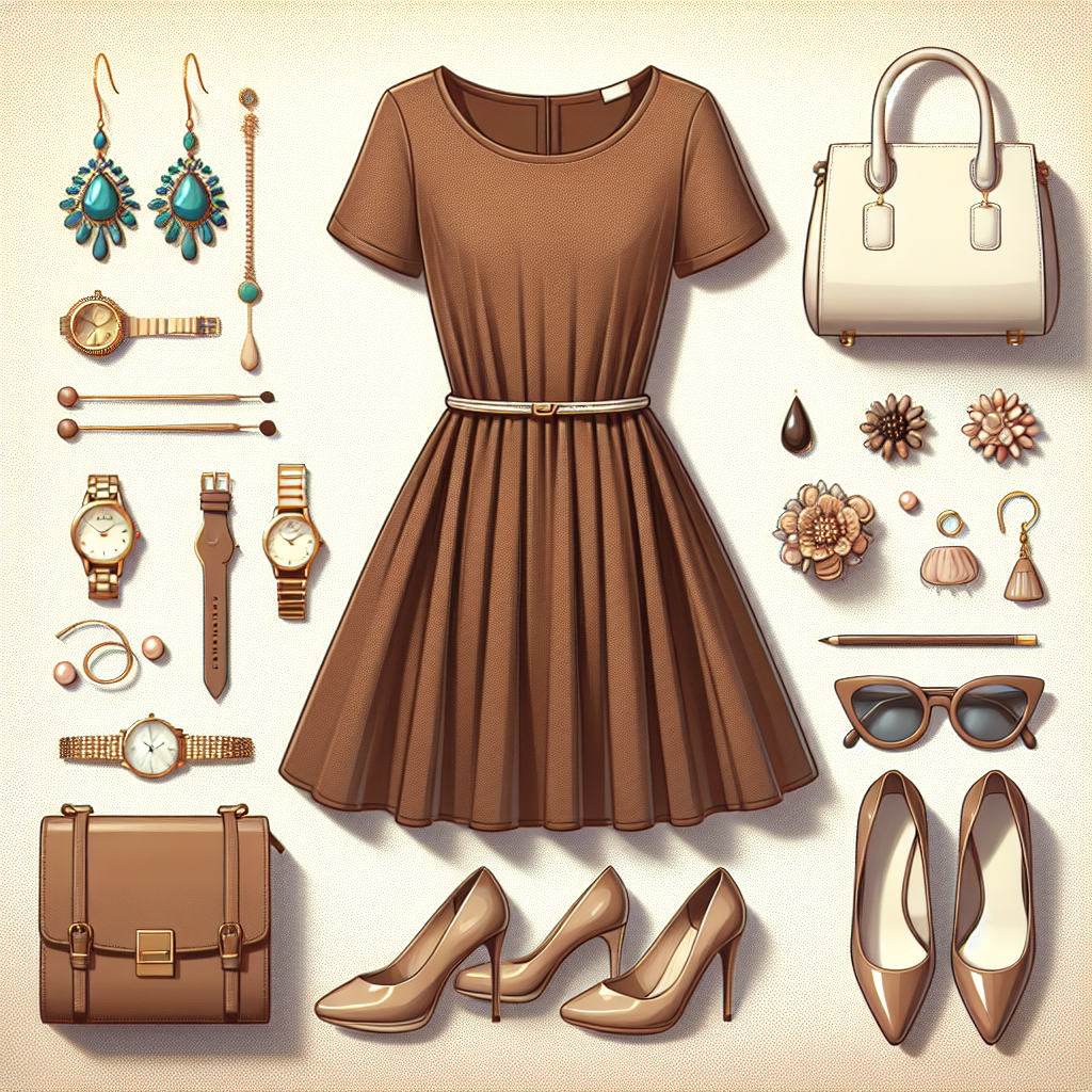 Visualize an image for an illustrative guide on how to coordinate various accessories with a brown dress. The image could specifically involve several clothing items and accessories displayed over a natural, light-colored background. Feature a neatly arranged, fashionable brown dress at the center. Surround the dress with different color accessories which complement the brown color. These may include a pair of turquoise earrings, a cream-colored handbag, a golden watch on the left, and possibly Champagne pink heeled shoes on the bottom. The accessories' arrangement should suggest optimal matching strategies for a coordinated, stylish look.