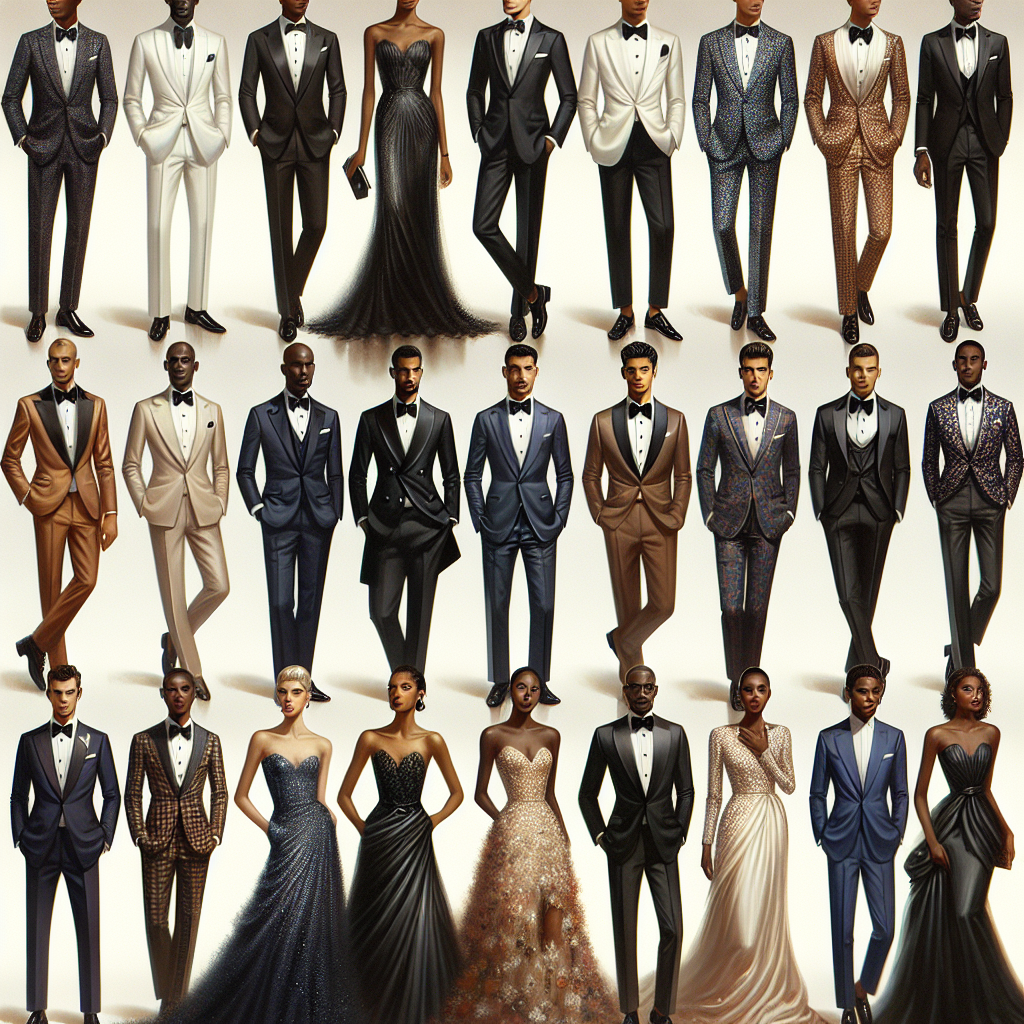 A sophisticated and elegant display of style for Black Tie Optional wedding events. Visualize a collection of diverse individuals from different descents like African, Hispanic, Caucasian, and Middle-Eastern elegantly dressed. Men in myriad options from tuxedos, designer suits in black, navy, or grey, to stylish blazers. Women in mesmerizing gowns ranging from knee-length cocktail dresses to floor-length elegant outfits, showcasing a spectrum of hues from classic black to cheerful pastels. The attire should display a sense of richness, glamour and sophistication that's associated with such events.