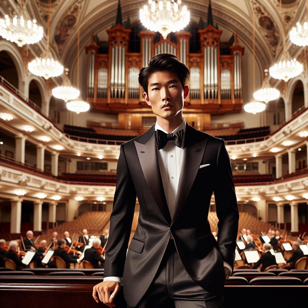 A sophisticated indoor scene at an elegant symphony hall. The main focus is an Asian man dressed immaculately, adorning a black-tie ensemble complete with a tailored tuxedo, a crisp white shirt, a classic black bow tie, shiny black Oxford shoes, and a stylish white pocket square. He carries himself confidently, exuding an air of class and sophistication fitting for the occasion. In the background, the hall boasts grand architecture with finely crafted wooden seats, a grand stage intended for the orchestra, and majestic chandeliers casting a warm, inviting light over the entire scene.