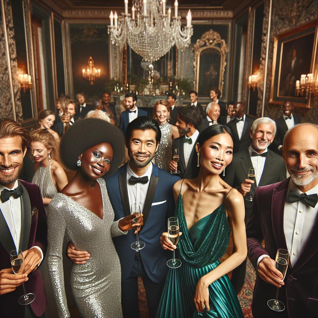 Create an image of an elegant gala scene filled with diverse individuals. Include a Caucasian woman in a glittering silver gown, a Hispanic man in a crisp black tuxedo, a Black woman clutching a glass of champagne, outfitted in an emerald silk dress, and a South Asian man in a tailored velvet suit. To add to the diversity, incorporate a Middle-Eastern woman in a royal blue pant suit, grinning and mingling with others, a white man in a burgundy classic tuxedo winking at the camera. The room where they are gathered should exude opulence with a grand chandelier overhead, ornate marble pillars, luxurious velvet drapes and a jazz band playing subtly in the foreground.