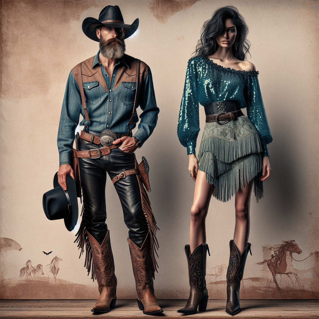 Imagine a clothing showcase meant for a rodeo event. There's a mix of traditional and contemporary outfits. Visualize a Caucasian male with a grizzled beard in a denim shirt, leather chaps and cowboy boots, with a stetson held high in his right hand. Also, imagine a Black female in a modern twist to the rodeo attire, wearing a turquoise sequined blouse, fringed skirt, and cowboy boots, her hand resting on her hip. They are both standing in front of a rustic backdrop, ready for the rodeo.