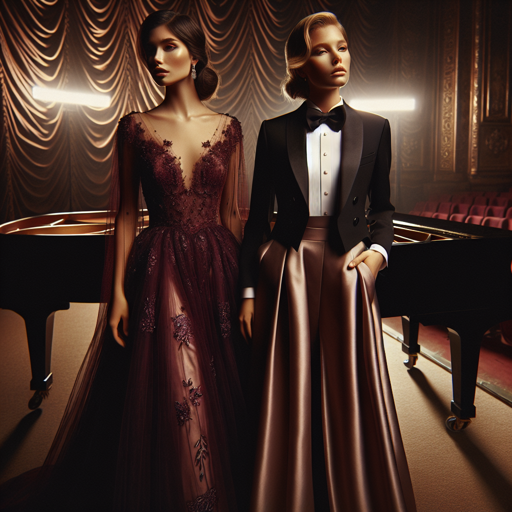 A captivating image capturing the elegance of women at a symphony. It shows two women of different descents, Hispanic and Caucasian, both elegantly dressed in symphony attire. One wears a long, flowing burgundy gown with delicate embroidery while the other is clad in a chic black suit with a satin bow tie. Together, they emanate an aura of sophistication and refined taste. The backdrop consists of rich velvety curtains, and in the distance, we see the shimmering grand piano, waiting silently for the maestro's touch. Subtle, warm lighting illuminates the scene, accentuating the details and rendering a sense of effortless elegance.