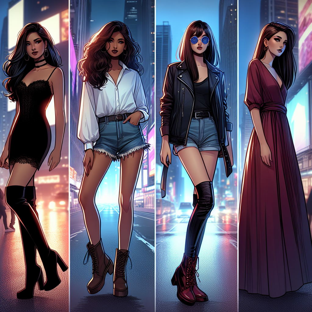 Imagine an evening city background with the glow of neon lights illuminating the streets. In the foreground, consider four women with diverse backgrounds (South Asian, Caucasian, Hispanic, and Middle-Eastern) each showcasing their unique fashion sense. The first woman stands poised in a tantalizing black bodycon dress with black thigh-high boots. The second woman showcases a loose white blouse tucked into denim shorts, paired with brown thigh-high boots. The third woman radiates cool vibes in a stylish leather jacket, skinny jeans, and red thigh-high boots. Lastly, the fourth woman emanates elegance in a flowing burgundy dress paired with sleek, black thigh-high boots.