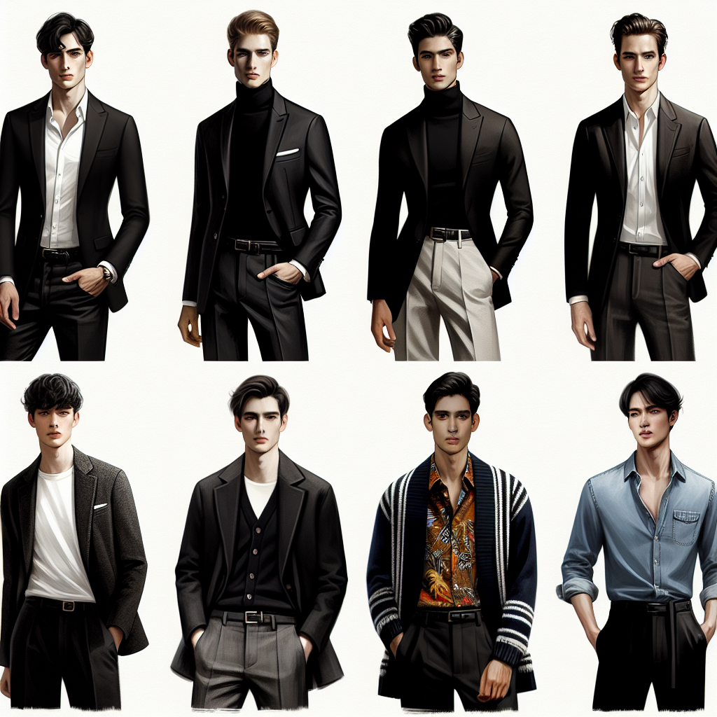 Visualize a comprehensive guide showcasing an array of fashion-forward looks combining a black blazer for men. The first ensemble features a Caucasian male with a black, fitted blazer paired with a crisp white shirt and dark jeans. The second outfit reveals a black male model who complements his black blazer with a turtleneck sweater and classic khakis. The third scene displays an Asian man sporting his black blazer with a vibrant, patterned button-up and sleek trousers. Lastly, a South Asian man dons his blazer with a light blue denim shirt and black pants. All models represent different ages and body types, capturing the inclusivity and diversity of modern fashion.